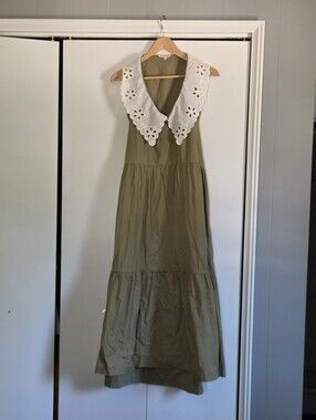 Ali Golden Olive Maxi Dress with Detachable White Eyelet Collar